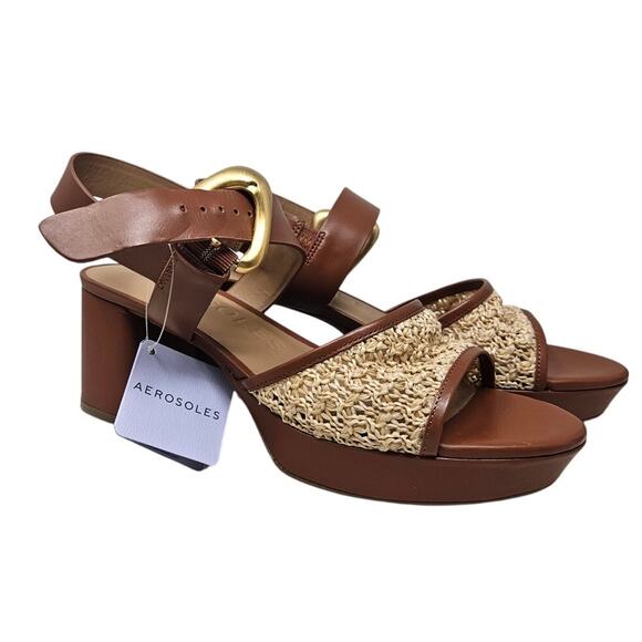 NEW Aerosoles 11 Brown Faux Leather Chamber Sandal Woven Heel Boho Chunky - Picture 1 of 5